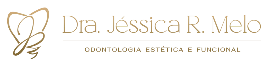 Logotipo "dra. jéssica r. melo", com texto estilizado em dourado e monograma, enfatizando a odontologia estética e funcional com foco em implantes.