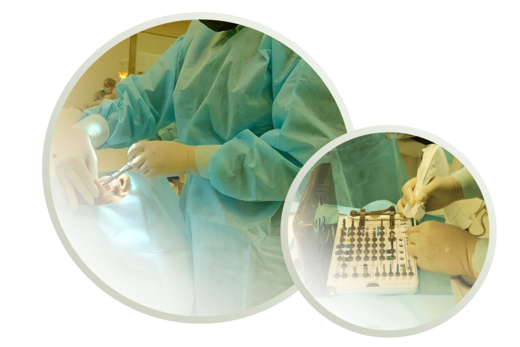 Profissionais médicos em uniformes realizam um procedimento de restauração e operam equipamentos médicos, mostrados em uma moldura circular dupla.
